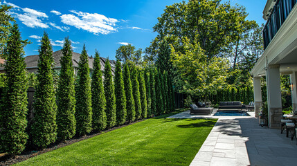 A neat row of lush arborvitae trees serves as a natural privacy screen in a tranquil suburban backyard. Generative AI - obrazy, fototapety, plakaty