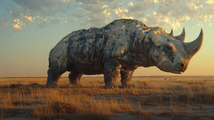 Fototapeta premium Ancient rhino, sunset savanna Massive prehistoric beast.