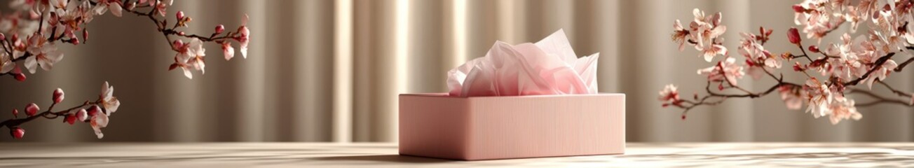 Elegant pink gift box on table with cherry blossoms and soft drapes