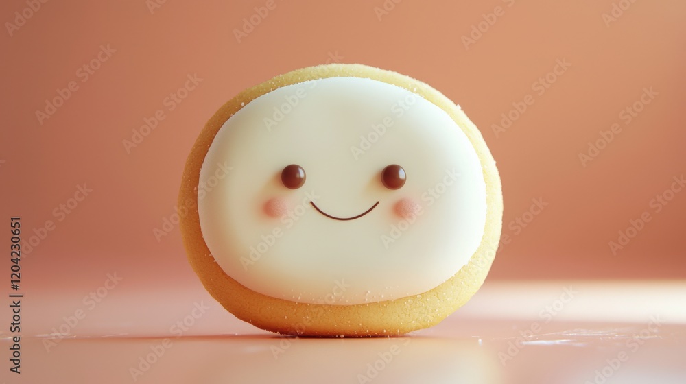 Poster cute minimalistic white cookie with a smiling face on soft background