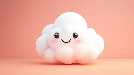 Cute Minimalistic White Cloud with a Smiling Face on a Soft Pink Background
