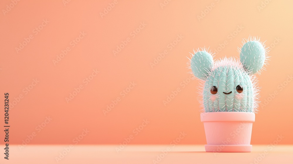 Poster cute minimalistic cactus with face in soft color background