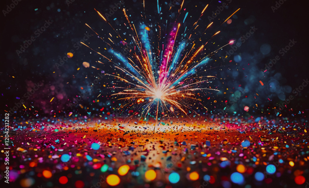 Poster a colorful explosion of fireworks is lit up against a dark background. the bright colors and the way