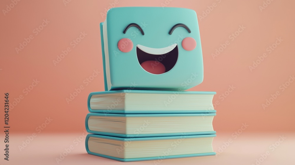 Aufkleber cute minimalistic character faces on simple stack of books in soft colors