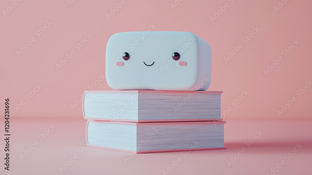 Poster cute minimalistic stack of books with playful face illustration in soft color
