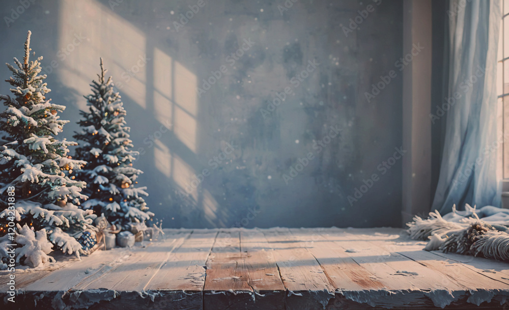Poster A room with two Christmas trees and a window. The room is empty and the trees are covered in snow