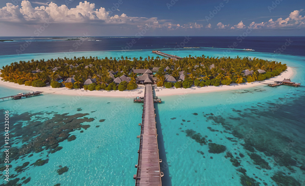 Poster a beautiful island with a wooden bridge connecting it to the mainland. the island is surrounded by w