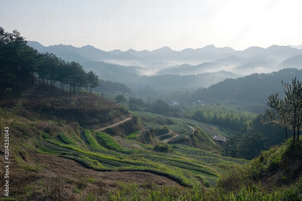 Poster serene morning view of terraced fields in mountainous region with misty hills and trees. generative 