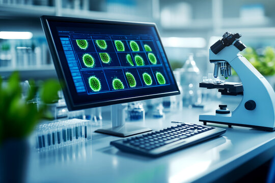 Scientific research advancements in microbiology laboratory setting digital imaging modern environment close-up view innovative concepts for enhanced understanding