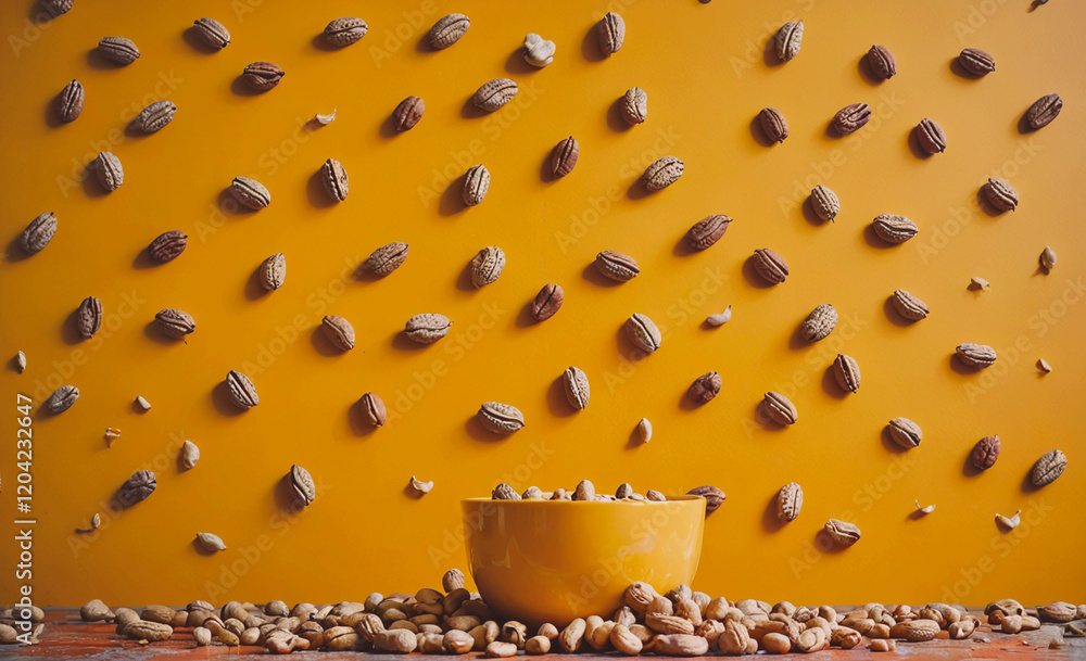 Poster a bowl of nuts is surrounded by a wall of nuts. the bowl is yellow and the wall is orange. the image