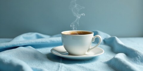 Aromatic Steam Rising From a Cup of Coffee on Soft Blue Fabric