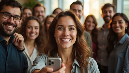 Spontaneous group selfie capturing their vibrant spirit and unity in achieving shared goals Smiling Middle Eastern woman closing a business deal at a conference