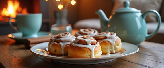 Cozy breakfast scene with cinnamon rolls and teapot, warm indulgence
