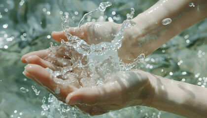 Fototapeta premium closeup water flow to hand of women for nature concept on the garden background