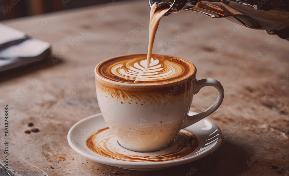 Poster a cup of coffee with a white saucer on a table. the coffee is poured into the cup and has a design o