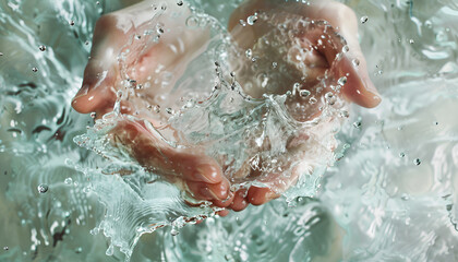 Fototapeta premium closeup water flow to hand of women for nature concept on the garden background