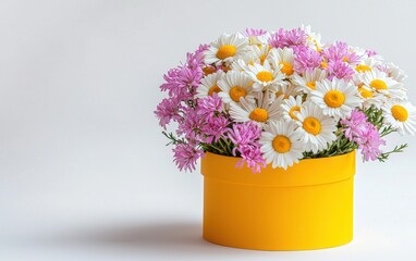 Fototapeta premium A colorful bouquet of daisies and a simple round gift box in bright yellow, displayed on a clean white backdrop for Valentines Day and 8 March