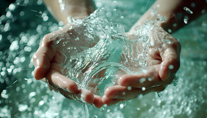 Fototapeta premium closeup water flow to hand of women for nature concept on the garden background