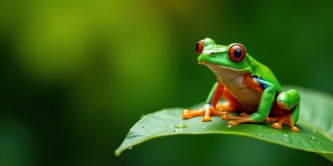 Vibrant amphibian perched on a dew-kissed leaf, showcasing its striking coloration and captivating gaze in a lush, verdant environment
