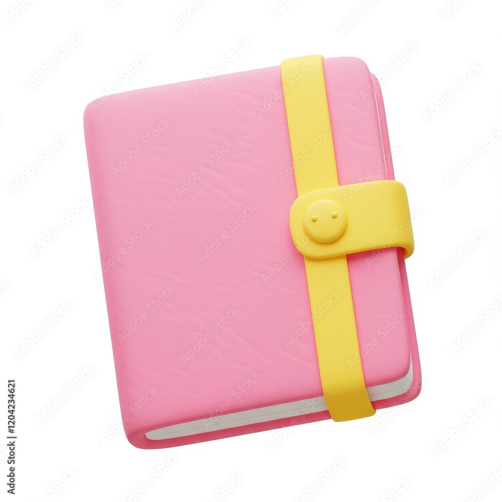 Poster a 3d illustration of a pink notebook with white pages secured by a yellow strap and button isolated 