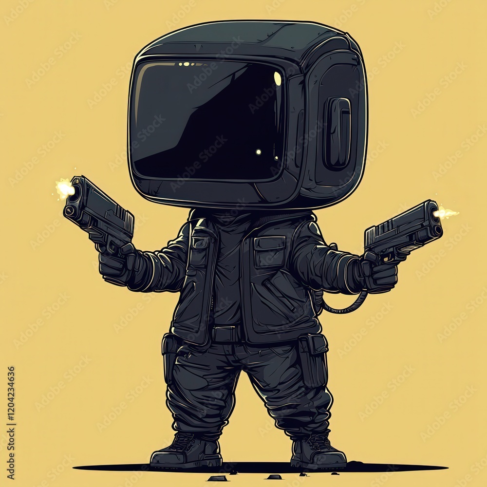 Poster cartoon robot character in vector art style with two guns
