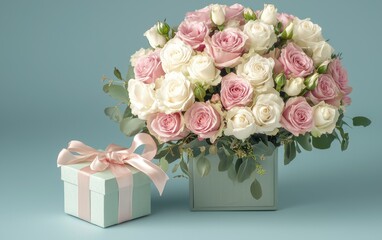 Obraz premium A classic bouquet of pink and white roses with a small square gift box, styled elegantly on a pale blue background for Valentines Day and 8 March