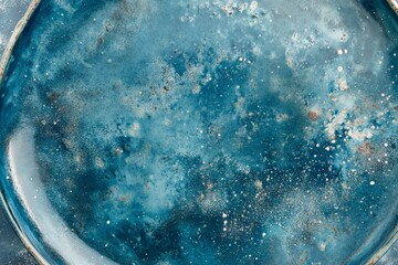 Textured blue ceramic plate detail. Deep ocean colors and speckled design.