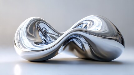 A shiny silver metal sculpture of an abstract shape resembling two connected loops.