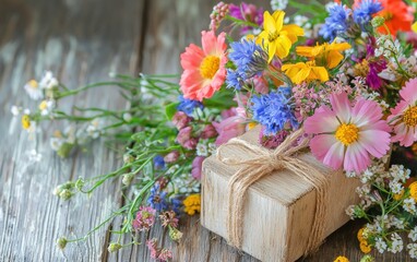 A colorful bouquet of mixed wildflowers and a wooden gift box wrapped in natural twine, displayed on a rustic wooden table for Valentines Day and 8 March
