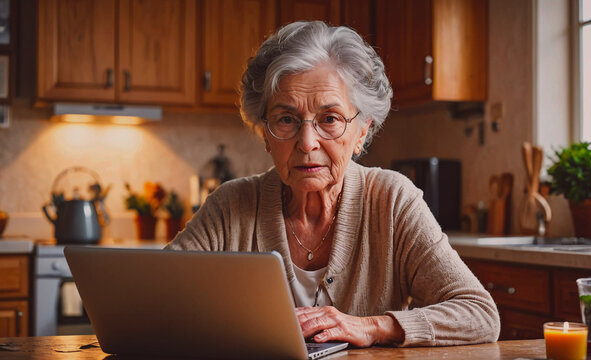 An older woman is sitting at a table with a laptop in front of her. She is wearing glasses and she is focused on her work. The kitchen is well-equipped with various appliances, including a