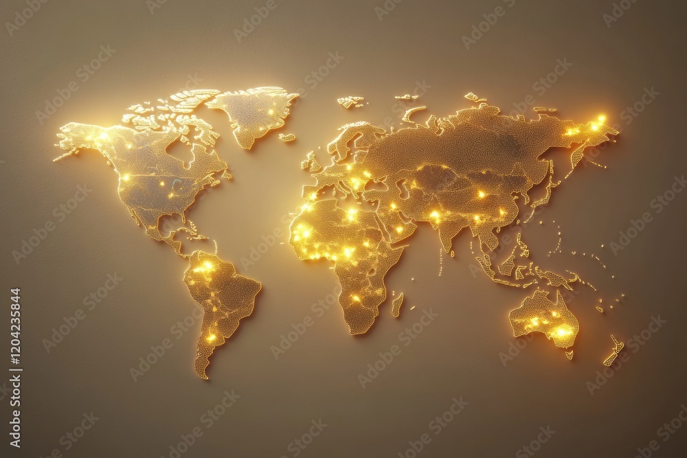 Poster Artistic representation of a world map illuminated by golden light effects showcasing global connections. Generative AI