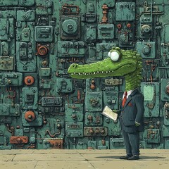 Fototapeta premium Cartoon Crocodile in Suit Standing Against Mechanical Background Illustration