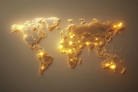 Fototapeta Artistic representation of a world map illuminated by golden light effects showcasing global connections. Generative AI