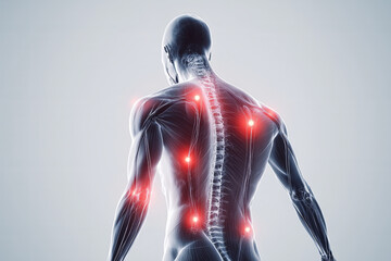 Visual representation of the human back, featuring the spine and highlighted pain points, symbolizing anatomy, pain management, and healthcare.