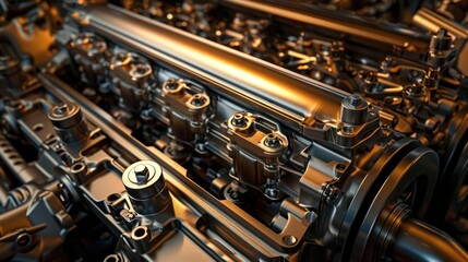 Naklejka premium An ultra-realistic 3D close-up of a car engine's camshaft, exhaust manifold, and fuel injectors, highlighting the intricate metal details and textures.