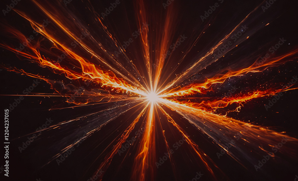 Poster a bright orange light is shining through a dark background. the light is surrounded by a lot of oran