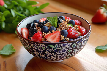 A colorful bowl of berry blend, including strawberries, blueberries, and blackberries, topped with granola and a drizzle of honey, placed on a wooden table with fresh mint around