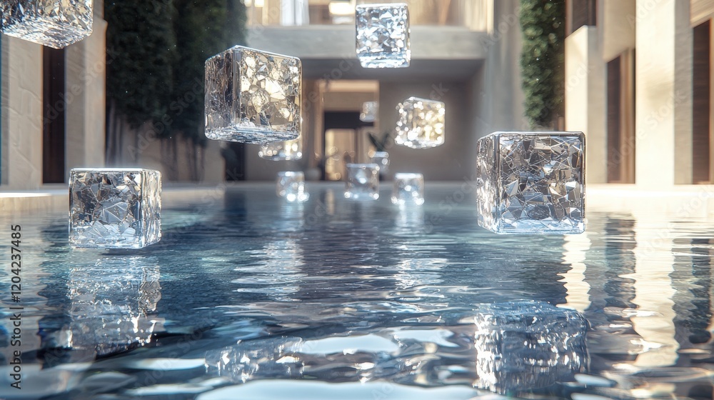 Poster floating geometric shapes above water surface in 3d rendering
