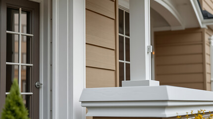 Fototapeta premium Modern House Exterior: Elegant Design and Architectural Details. Discover the beauty of contemporary home architecture with this stunning image. Ideal for real estate and design blogs.