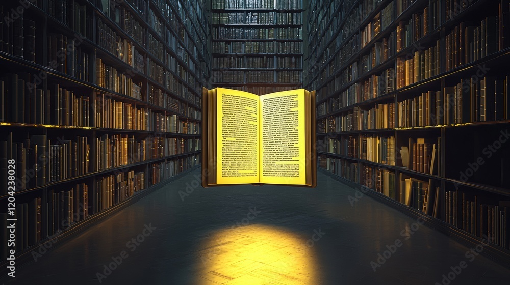 Poster levitating book with glowing pages in 3d library rendering