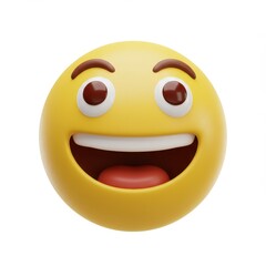 A 3D illustration of a classic yellow emoji face with a wide open laughing mouth large eyes, and raised eyebrows isolated on a white background