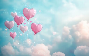 Fototapeta premium A dreamy pastel Valentines background with delicate floating heart balloons and soft clouds