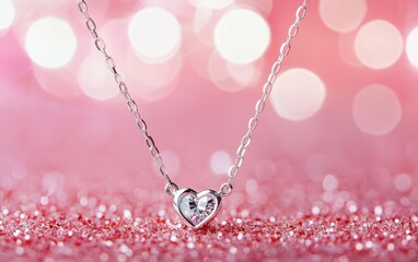 Fototapeta premium A delicate silver necklace with a tiny diamond heart pendant, showcased on a pastel pink bokeh background for valentines day