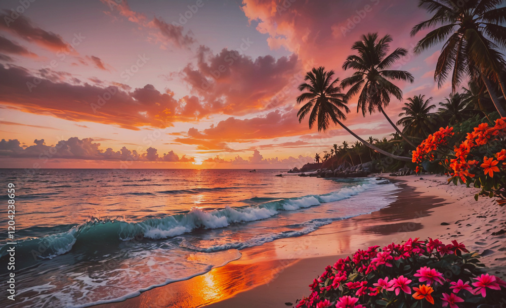 Aufkleber a beautiful sunset over the ocean with palm trees in the background. the sky is filled with clouds a