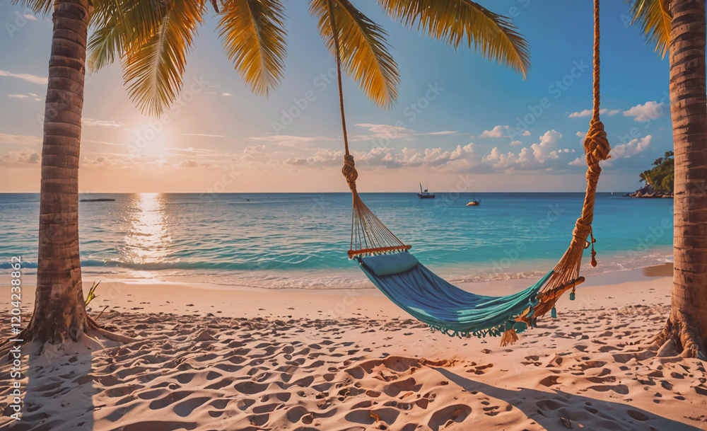 Aufkleber a blue hammock is hanging over the beach, with the sun setting in the background. the hammock is sus
