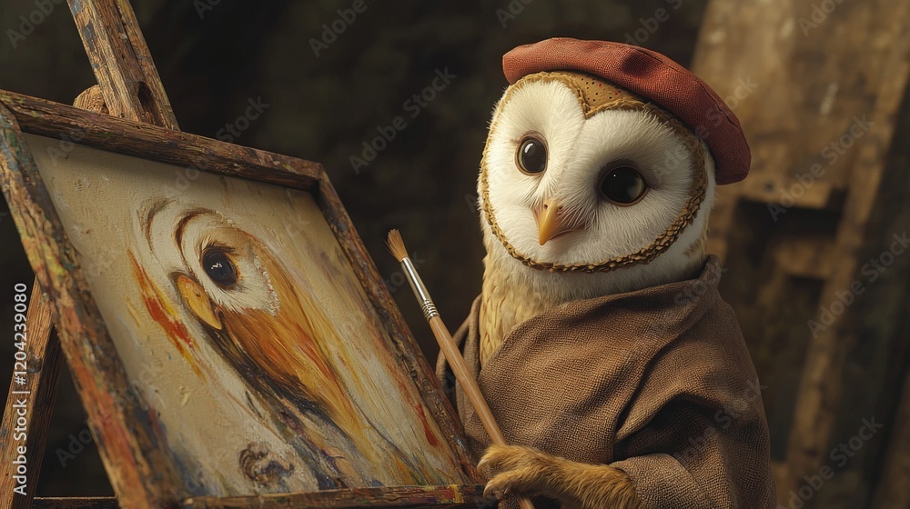Poster artistic owl in 3d rendering with paintbrush and canvas depiction