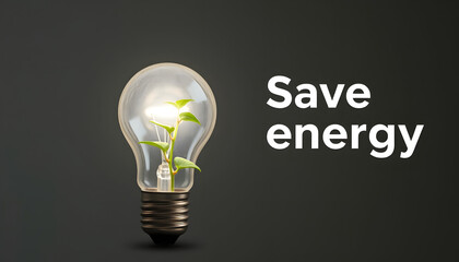 Small plant in a light bulb Energy Saving Saving Power Save energy Green energy Space for text on the right, angled photoshot, with white tones