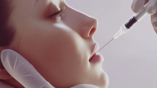 Surgeons with syringe doing facial contouring surgery to woman. Facial contouring, medical face sculpting, facial correction surgery concept. Header or footer banner template with copy space.