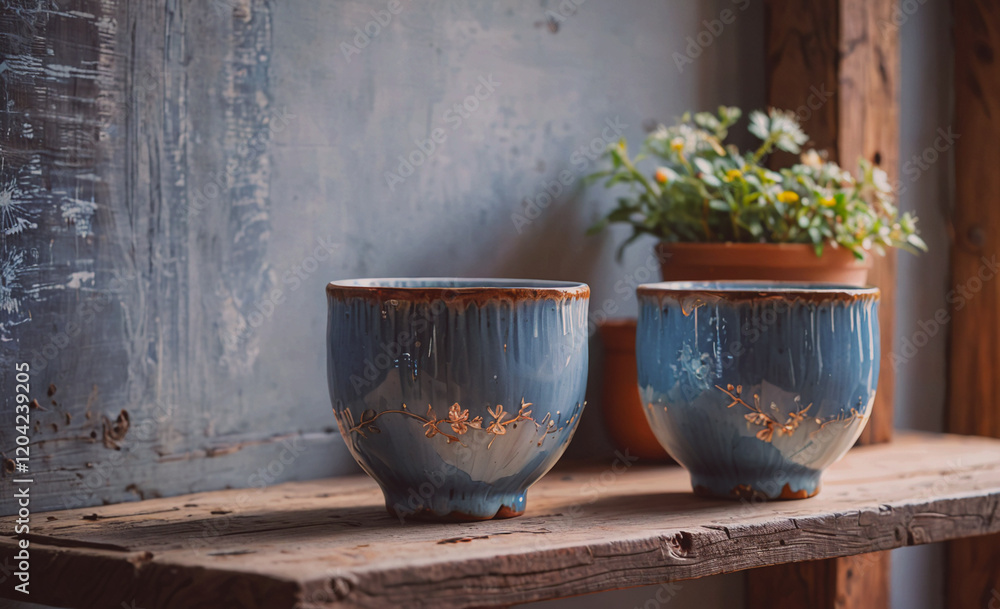 Wall mural Two blue ceramic cups sit on a wooden shelf next to a potted plant. The cups are decorated with gold trim and the shelf is made of wood. The scene has a cozy and rustic feel to it