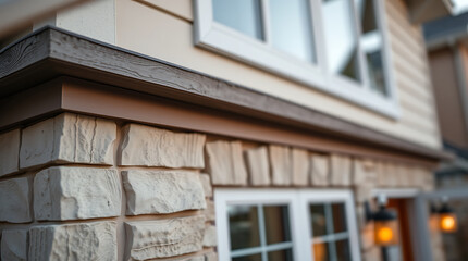 Modern House Exterior: Brick and Stone Facade Design. High-end residential architecture, showcasing modern home design, brickwork, and stone details. Ideal for real estate and home improvement.